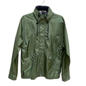 REI Men's Rain Coat Wind Breaker Packable Hood Pockets Zip UP Buttons Green